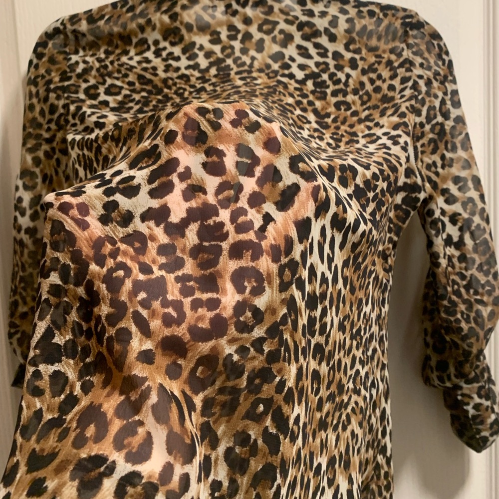 Leopard sheer button top 3/4 sleeves sexy summer fall classic work party blouse - Picture 7 of 7